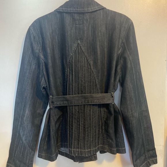 Baccini Dark Denim Jean Jacket Belted Gathered Back Pockets PXL - Picture 3 of 6